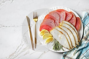 Cold smoked halibut and cold-smoked tuna slices