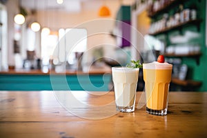 cold smoothie and warm latte on caf counter photo