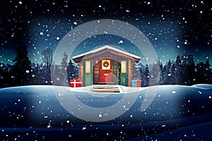 a cold snow holiday cabin seasons greetings country winter christmas eve night holidays isolated freezing snowfall warm cozy