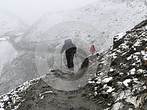 Cold snowy weather on way to Thorong La Pass, Nepal