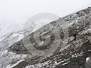 Cold snowy weather on way to Thorong La Pass, Nepal