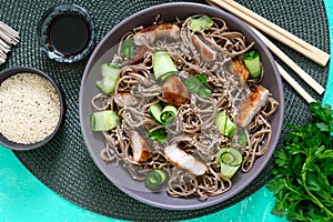 Cold soba with chicken, fresh cucumbers, sauce and sesame. Classic cold salad with buckwheat noodles. Japanese food. Traditional