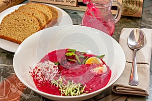 Cold soup with beet leaves and vegetables greens, vegetarian cooking concept