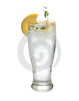 Cold sparkling water with ice and flowers decorated with slice of lemon