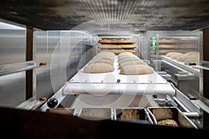 In cold storage room the loaves of bread lie side by side on the table