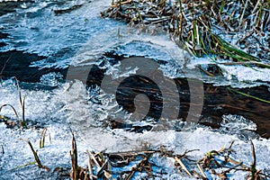 Cold stream and figured ice crust in winter