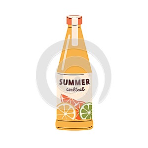 Cold summer cocktail in glass bottle. Fresh orange lemonade, citrus soda, juicy soft drink with citric flavor. Tasty