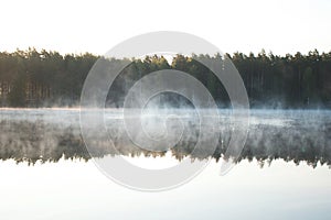 Cold summer morning in the forest with lake, forest reflection and mist