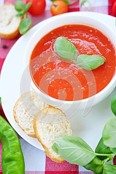 Cold summer tomato dish. Gaspacho soup with toast.