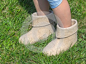 Cold summer. Women`s feet in felt boots on the green grass backg
