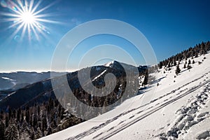 Cold sunny day in snowy winter mountains