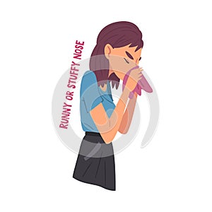 Cold Symptom, Girl Suffering from Runny or Stuffy Nose, Medical Treatment and Healthcare Concept Cartoon Style Vector