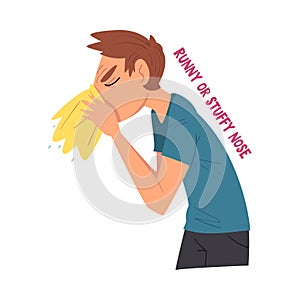 Cold Symptom, Man Suffering from Runny or Stuffy Nose, Medical Treatment and Healthcare Concept Cartoon Style Vector