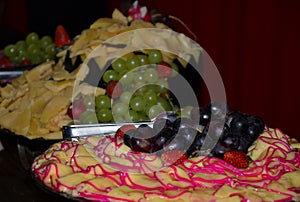 A cold table with plates full of different types of cheese, purple grapes and green grapes, strawberries and other fruits photo