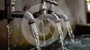 Cold tap water flowing from the faucet, close-up. Three open water taps in a public area. The concept of wasteful use of photo