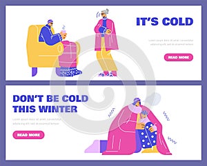 Cold temperature in winter, web banners set - flat vector illustration.