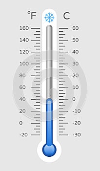 Cold thermometer with celsius and fahrenheit scale, temp control thermostat device flat vector icon. Thermometers