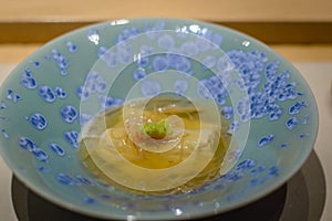 Cold tofu with crab meat appetiser in japanese restaurant