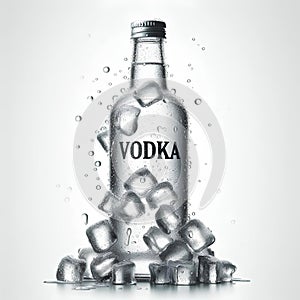 cold vodka glass bottle with large drops of condensation on them on white background