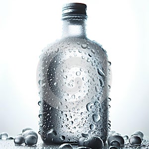 cold vodka glass bottle with large drops of condensation on them on white background