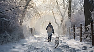 cold walking dog in snow