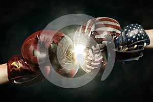 Cold War between USA and Russia symbolized with Boxing Gloves
