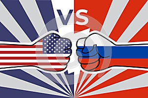 Cold war of the USA and russia. US flag fist vs russian flag fist. American russian military confrontation. Vector flat icon