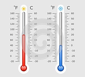 Cold warm thermometer with celsius and fahrenheit scale, temp control thermostat device flat vector icon. Thermometers