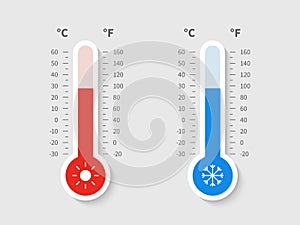 Cold warm thermometer. Temperature weather thermometers celsius fahrenheit meteorology scale, temp control device flat