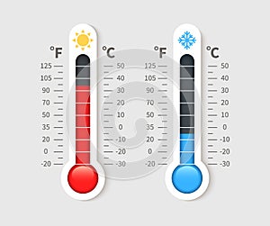 Cold warm thermometer. Temperature weather thermometers with celsius and fahrenheit scale. Thermostat meteorology vector