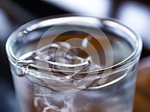 Cold water glass with ice cubes, Water drops, Close up & Macro shot, Selective focus, Healthy Drink concept