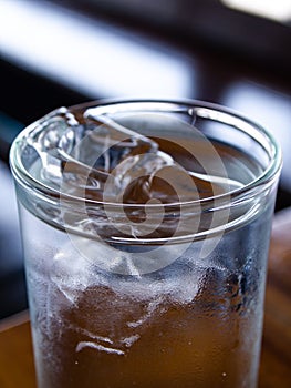 Cold water glass with ice cubes, Water drops, Close up & Macro shot, Selective focus, Healthy Drink concept