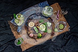 Cold water with lemon, kaffir lime, cucumber and mint leave on wooden background