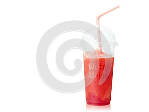 Cold Watermelon Smoothie in plastic cup with straws isolated on white background. Summer drink.  Clipping path