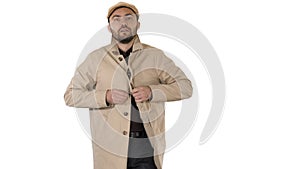 Cold weather Autumn or winter day Man in trench buttons up on white background.