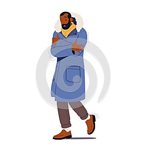 Cold Weather, Freezing People Concept. Black Male Character Wrapped in Warm Winter Clothes Tremble Vector Illustration
