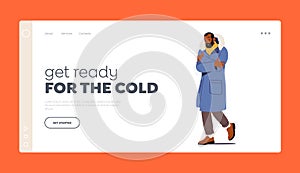 Cold Weather, Freezing People Landing Page Template. Black Male Character Wrapped in Warm Winter Clothes Tremble