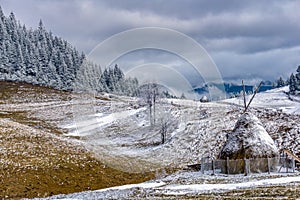 Fundata village in winter, Romania photo