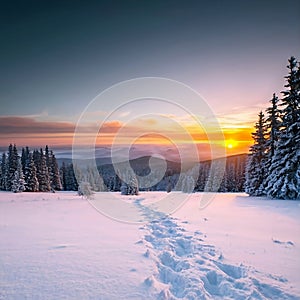 Cold winter day sunset landscape with snowy pine trees and mountain