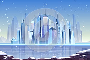 Cold winter in modern metropolis cartoon vector