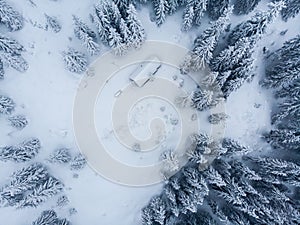 Cold winter morning in mountain foresty with snow covered fir trees. tatras, slovakia. Aerial view. Cabin alone in snow forest.