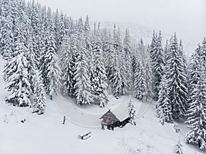Studené zimné ráno v horských lesoch so zasneženými jedľami. Tatry, slovensko. Letecký pohľad. Chata sama v snehovom lese.