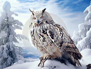 Cold winter with rare bird. Big Eastern Siberian Eagle Owl Bubo bubo sibiricus sitting on hillock with snow in the forest.