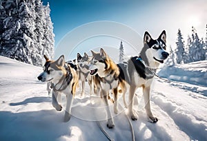 Cold winter scene with sled dogs, siberian husky sled dogs drive a sleigh together in the snow field in winter