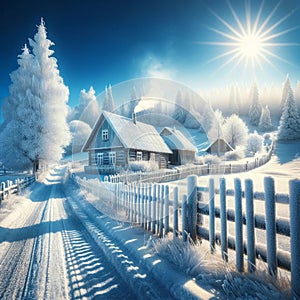 Cold Winter Scene Small White Country Cottage Farmhouse Old Home House Canada AI Generated