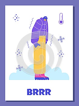 Cold winter weather banner or card with freezing man, flat vector illustration.