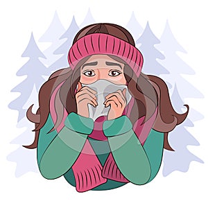 Colds, seasonal flu. A girl with a runny nose in warm clothes