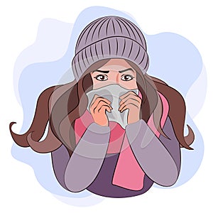 Colds, seasonal flu. A girl with a runny nose in warm clothes, a hat and a scarf