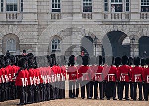 Coldstream Guards at the Trooping the Colour, military ceremony at Horse Guards Parade, London, UK.