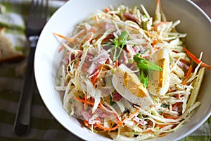 Coleslaw or slaw salad with egg, carrots and ham, close-up